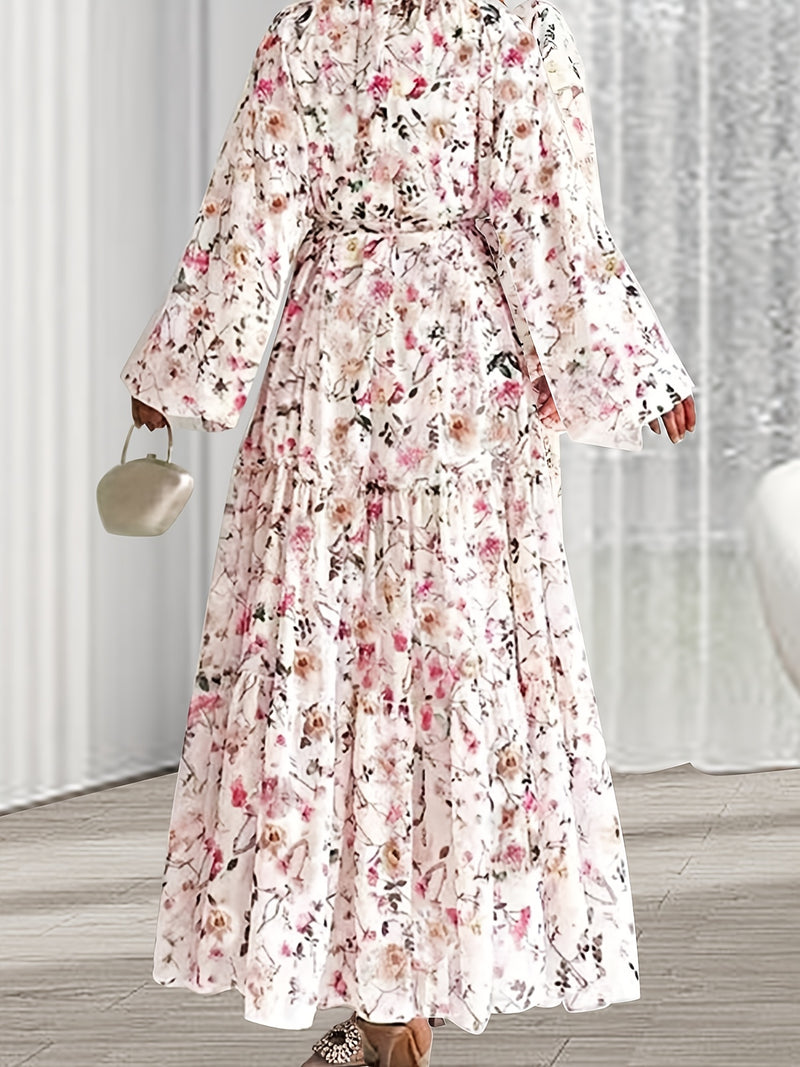 1pc Elegant Floral Print Long Dress with Peplum Hem