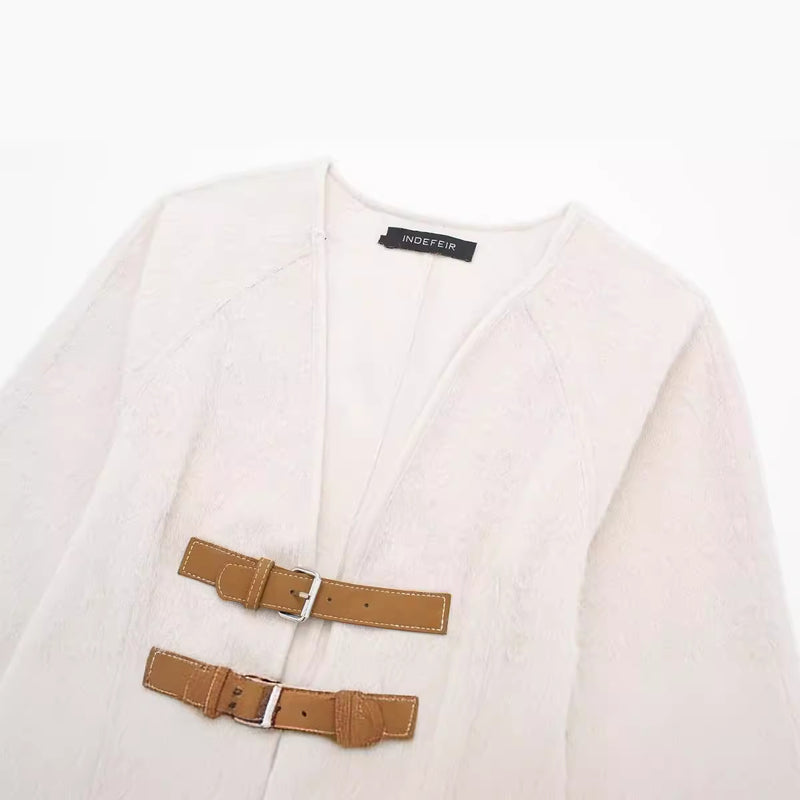 European Retro Leather Buckle Woolen Coat