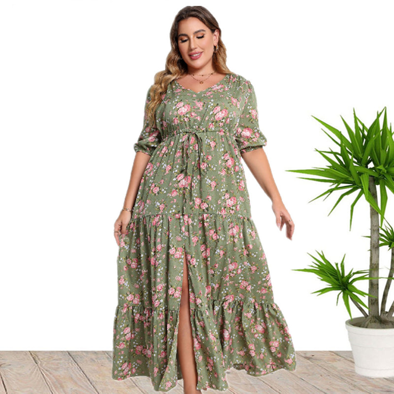 Plus Size Floral Print Tiered Dress, Casual V Neck Short Sleeve Slit Belted Dress