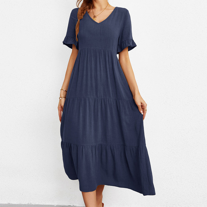 Plus Size Solid Tiered Swing Dress, Elegant Half Sleeve V Neck Dress