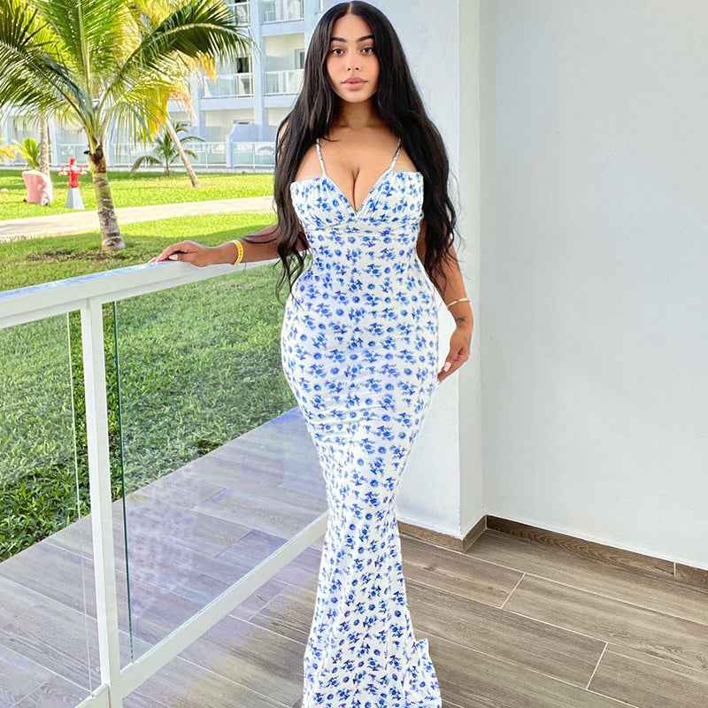 Fashion Flowers Print Suspender Long Dress Summer