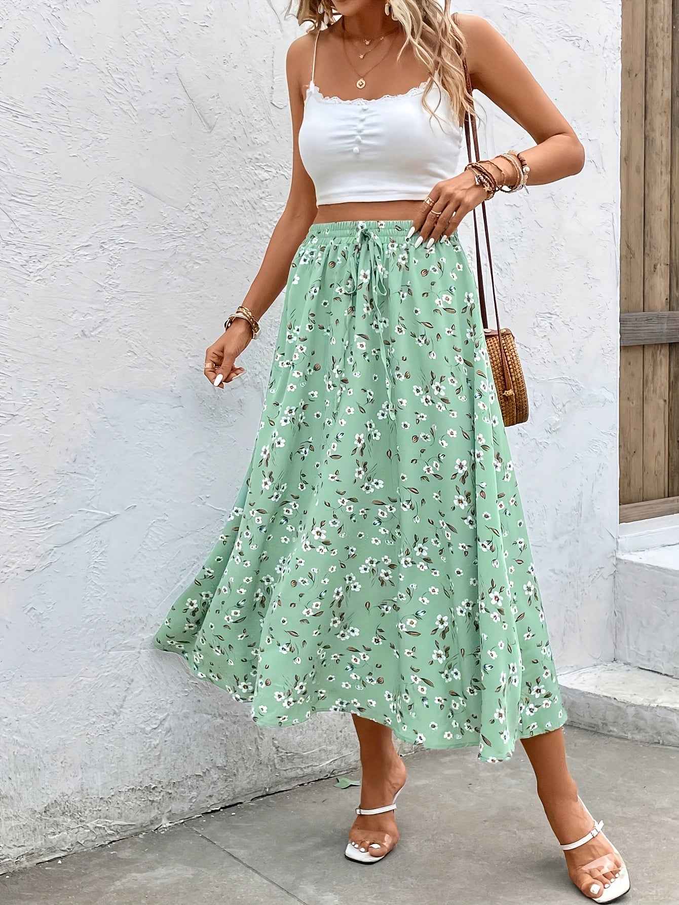 Elegant Midi A-line Skirt - Floral Print Elastic Waist