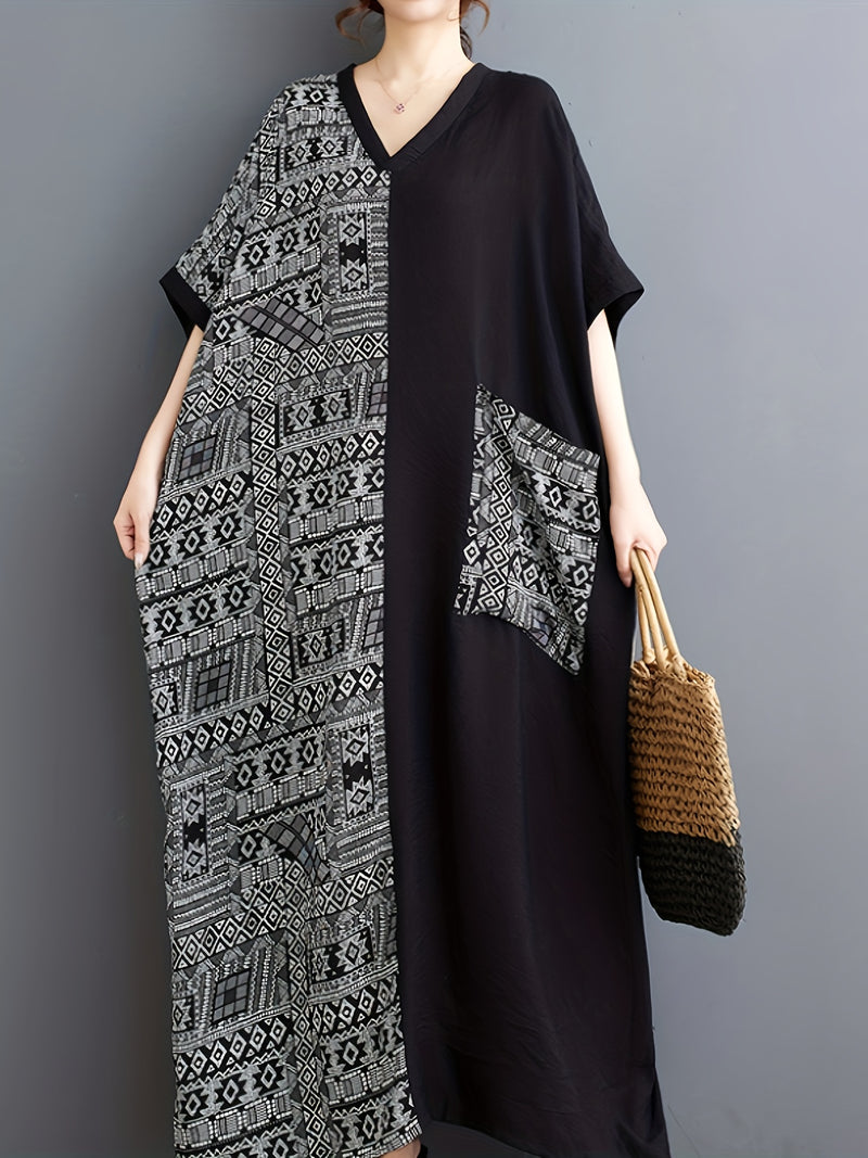 Bohemian V-Neck Plus Size Dress with Geometric Pattern and Pocket Detail,