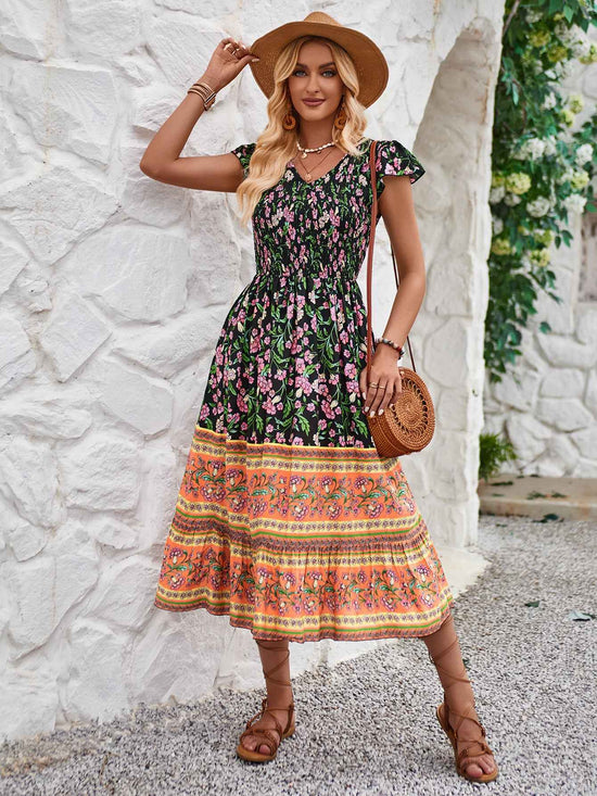 New Flowers Print V-neck Dress Summer