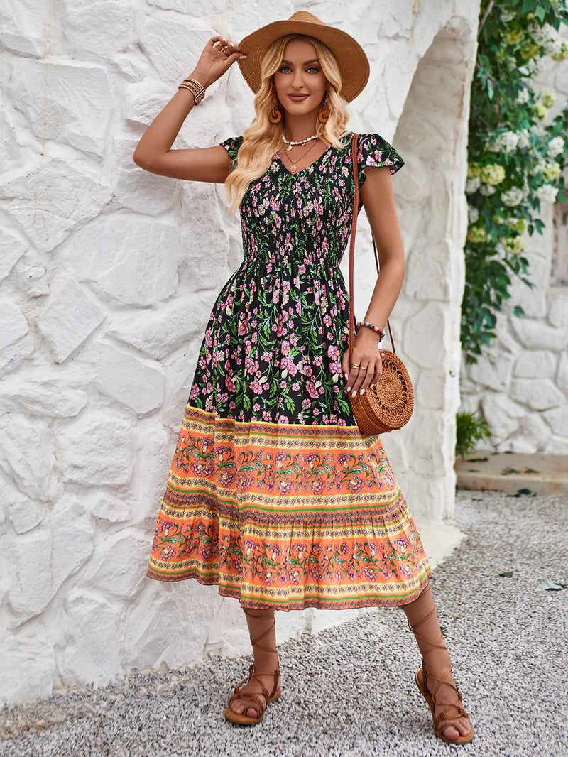 New Flowers Print V-neck Dress Summer