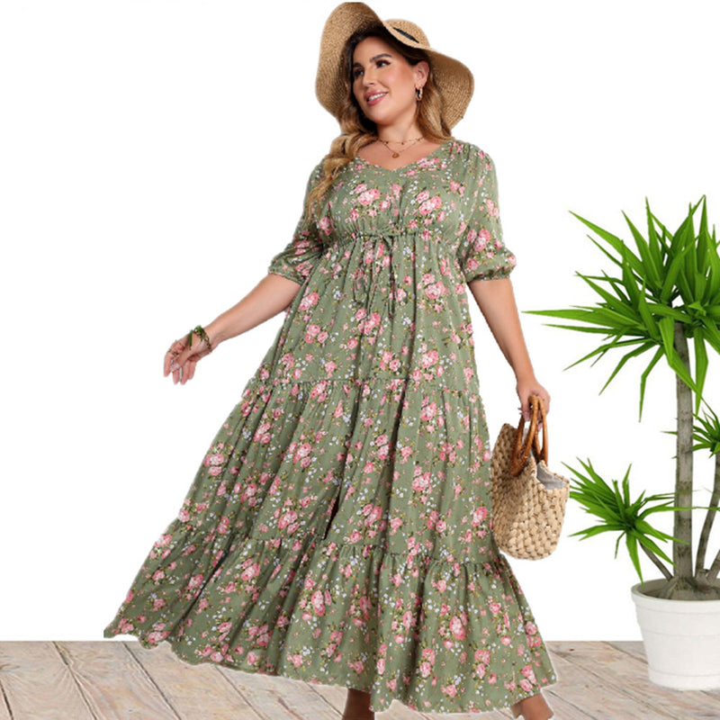 Plus Size Floral Print Tiered Dress, Casual V Neck Short Sleeve Slit Belted Dress