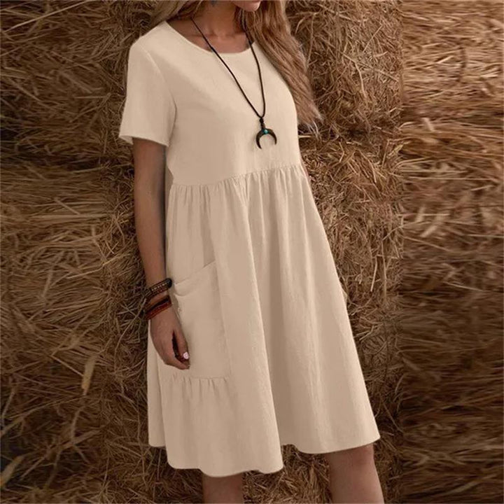 Solid Color Pleated Pocket Casual Round Neck Short Sleeve Dress