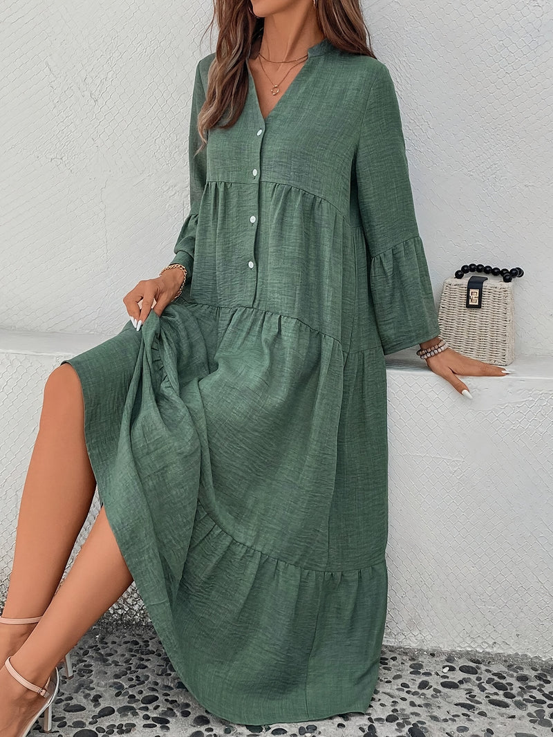 Women'S Casual V-Neck Button Detail Long Sleeve Tiered Dress