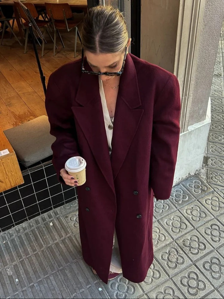 2024 Fashion Burgundy Red Double Breasted Oversized Overcoat