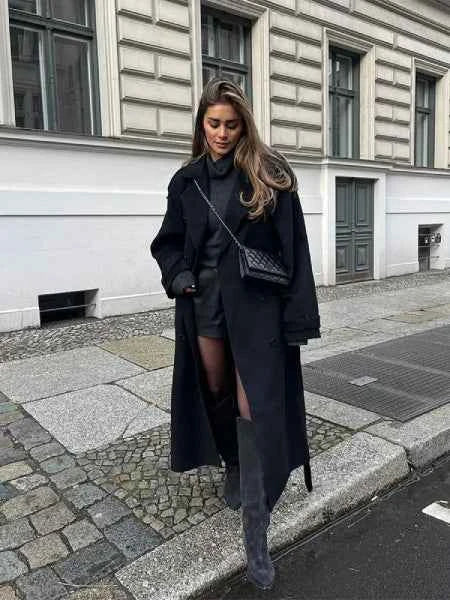 Winter Elegant Trench Black Long Coat For Women with Belt