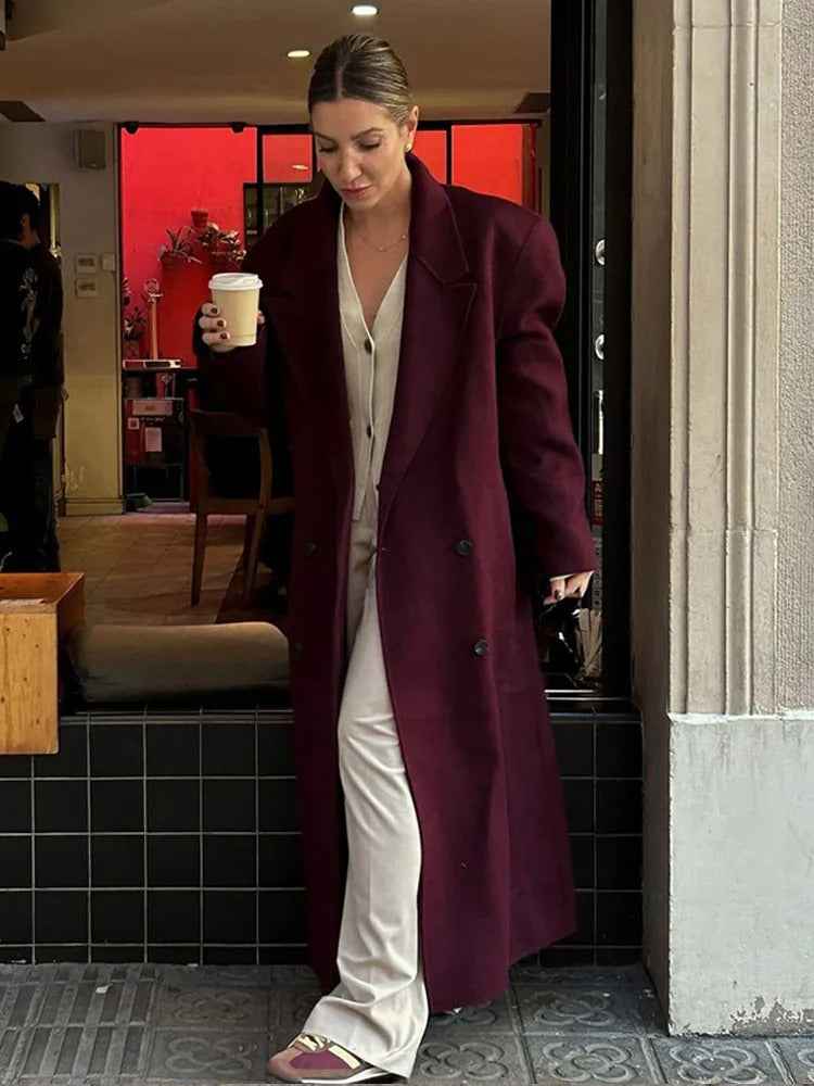 2024 Fashion Burgundy Red Double Breasted Oversized Overcoat